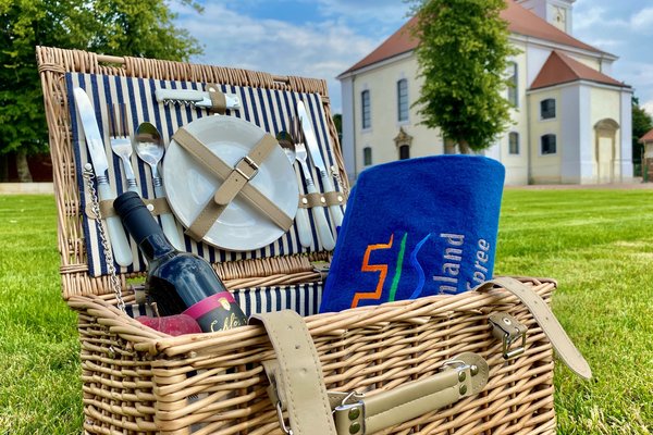 Picknickkorb auf einer Wiese